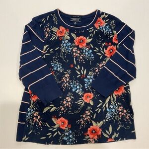 EUC Lands’ End Supima Cotton Navy Floral Striped Top with Coral Accents | 1X 
